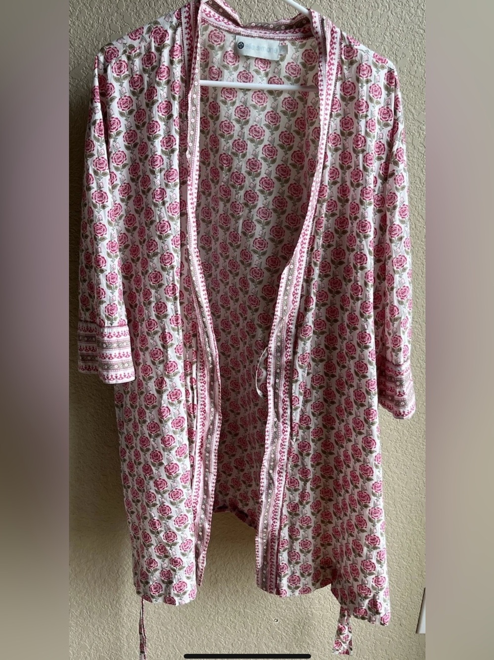 ELLA SIMONE Moroccan Rose White Pink Cotton Belted Short Robe